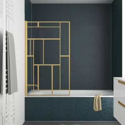 Pare-baignoire rabattable 140 x 80 cm, profilés aluminium doré, motifs dorés, Galedo Art Deco