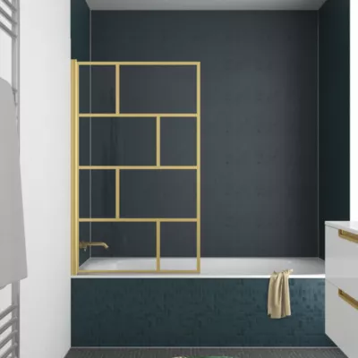 Pare-baignoire rabattable 125 x 75 cm, profilés aluminium doré, Galedo Bricks
