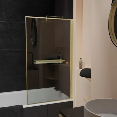 Pare-baignoire rabattable 130 x 75 cm, profilés aluminium doré brossé, porte-serviette/étagère, Galedo Golden Edge