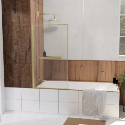 Pare baignoire pivotant l.80 x H.140 cm profilés doré brossé avec porte serviette et étagère, Galedo Edge