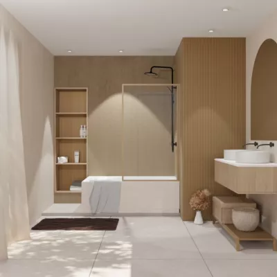Pare baignoire pivotant l.80 x H.140 cm profilés effet bois, Galedo Art Déco