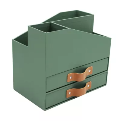 Combo de rangement multifonction en carton vert 2 tiroirs, range revues, pot à crayon