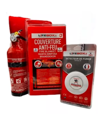 Kit de sécurité Lifebox (détecteur de fumée 10 ans, extincteur 1 kilo Poudre ABC, couverture anti feu 1mx1m)