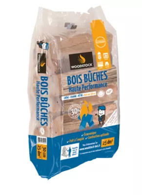 Bois de chauffage Woodstock – bûches 30 cm – 25 dm³ – bois dur sec <20 % – prêt à l’emploi – idéal poêle et insert – qualité NF