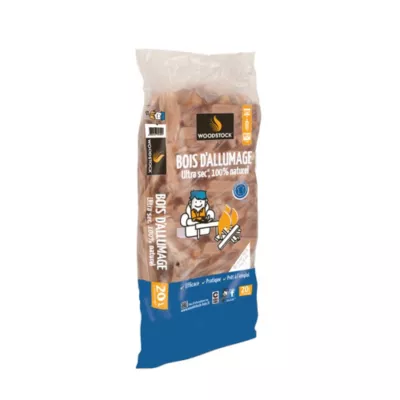 Bois d’allumage Woodstock – sac 20L – bois dur ultra sec ≤15 % prêt à l’emploi – allumage rapide – idéal poêle, insert et cheminée – fabrication fra