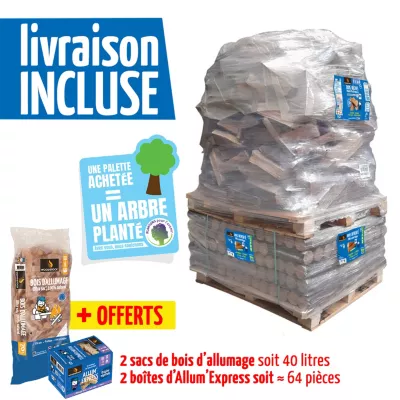 Pack bois de chauffage 30 cm Woodstock – bûches + densifiées + allumage – prêt à l’emploi <20 % – idéal poêle et cheminée – bois certifié NF