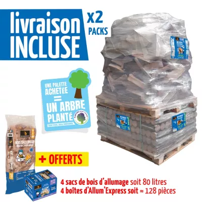 2 Packs bois de chauffage 30 cm Woodstock – bûches + densifiées + allumage – prêt à l’emploi <20 % – idéal poêle et cheminée – bois certifié NF