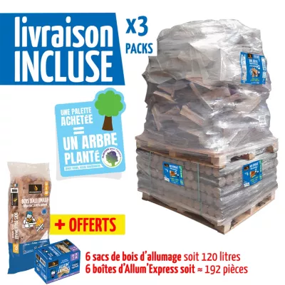 3 Packs bois de chauffage Woodstock – 3 palettes – bûches 30 cm + densifiées + allumage – prêt à l’emploi <20 % – idéal poêle et cheminée – bois NF