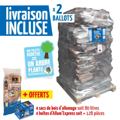 2 Packs bois de chauffage Woodstock – 2 palettes – bûches 30 cm + allumage + allume-feux – prêt à l’emploi <20 % – idéal poêle et cheminée – bois NF