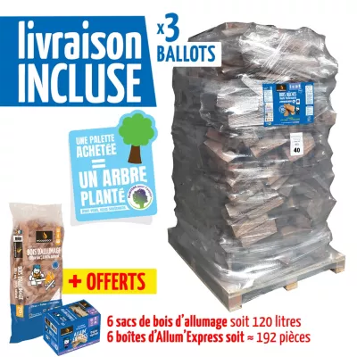 3 packs bois chauffage Woodstock – bûches 40cm + allume-feux – prêt à l’emploi <20% humidité – 3 palettes – idéal poêle/cheminée – Bois NF