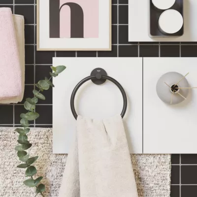 Anneau porte-serviettes mural en métal noir mat pour salle de bains, Grohe Quickfix
