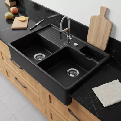 Évier timbre de cuisine à poser 2 bacs Tradition Villeroy & Boch céramique noir mat