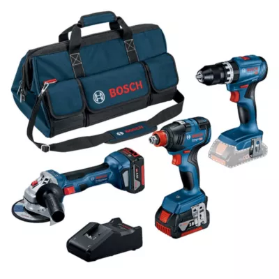 Image principale de Kit Bosch Professional 3 outils perceuse, meuleuse, boulonneuse 18V avec 2 batteries 5 Ah + chargeur GAL 18V‑40 + sac de transport