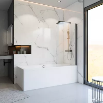 Pare-baignoire 80 x 140 cm, Schulte, paroi de baignoire 1 volet pivotant, verre transparent anticalcaire, gun metal