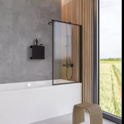 Pare-baignoire pivotant 1 volet, 140 x 80 cm, verre transparent anticalcaire 5 mm, profilé noir mat, Schulte