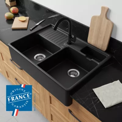 Évier timbre d'office en céramique noir mat 2 bacs avec égouttoir, L.89,5 x P.53 cm, Villeroy & Boch Tradition