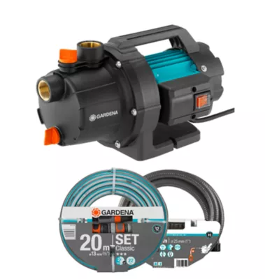 Pompe d'arrosage électrique Gardena Basic 3000/4 + tuyau 20 m et kit d'aspiration