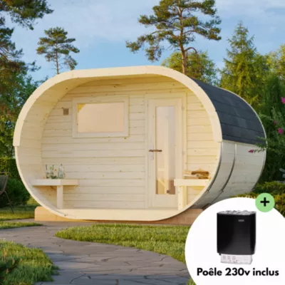 Sauna extérieur rond en bois Anette 6 places avec poêle Palmako surface extérieure totale 12,1m²