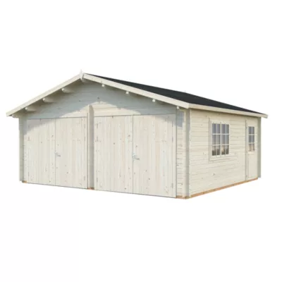 Garage double Roger avec portes battantes en bois naturel ép.44mm Palmako 36,8 m²