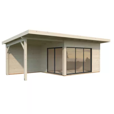 Studio de jardin avec pergola Palmako Andrea en bois naturel et double vitrage Slide + surface extérieure totale 29,5 m²