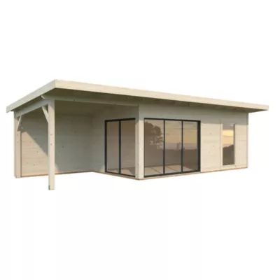 Studio de jardin Palmako Andréa bois et pergola 7,9m² ep. 44 mm surface extérieure totale 37,7 m²