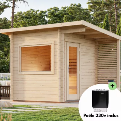 Sauna extérieur Sanna 6 places baie coulissante double vitrage et studio Palmako surface extérieure totale 18,3 m²