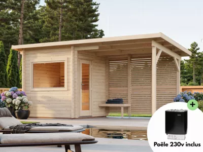 Sauna extérieur Sanna 5 places en bois avec pergola 5,9 m² Palmako surface extérieure totale 14,4m²