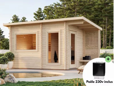 Sauna extérieur Sanna 5 places avec pergola en bois Palmako surface extérieure totale 12,6m²