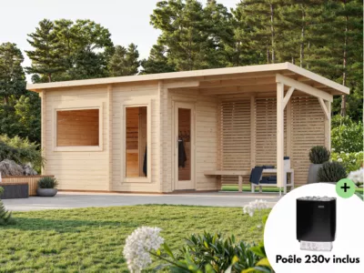 Sauna extérieur Sanna 5 places et pergola en bois Palmako surface extérieure totale 12,7m²