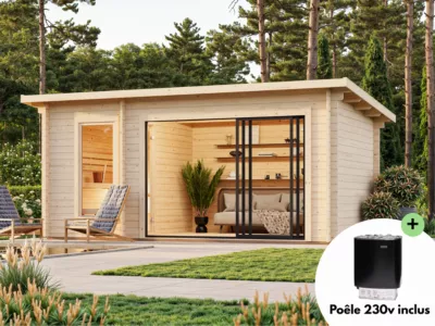 Sauna extérieur Sanna 6 places avec baie coulissante Palmako surface extérieure totale 18,3m²