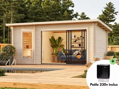 Sauna extérieur Sanna 6 places en bois et baie coulissante Palmako surface extérieure totale 12,8 m²