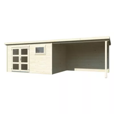 Abri de jardin White Wood Lya 2 avec pergola bois naturel ép.28 mm surface extérieure totale 19,6 m²