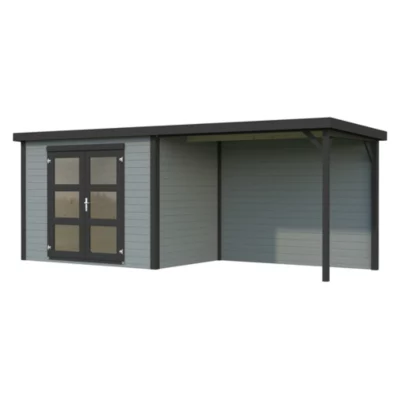 Abri de jardin bois White Wood Olivia avec pergola peint gris Ep.19 mm surface extérieure totale 12m²