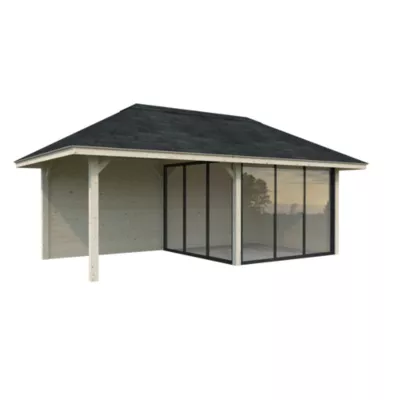 Abri de jardin Palmako Bianca en bois ép.28 mm et pergola 12,9m² surface extérieure totale 31,5m²