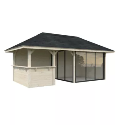 Studio de jardin Palmako Bianca 207 en bois naturel ép.28 mm et pergola 12,9m² 31,5m²