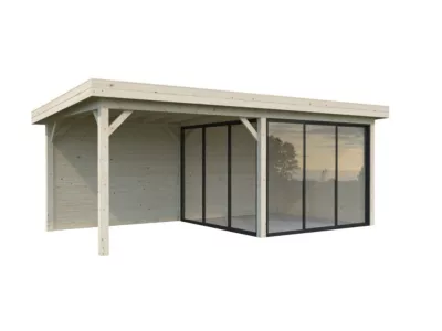 Abri de jardin Palmako Lenna 405 en bois naturel ép.28 mm et pergola 10,1m² surface extérieure totale 21,4m²