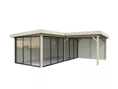 Abri de jardin Palmako Lenna 414 en bois naturel ép.28 mm et pergola 9.8m² surface extérieure totale 31,5m²