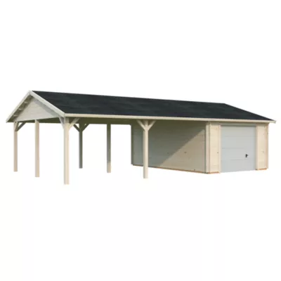 Garage en bois Roger porte sectionnelle 19m² + carport 33,2m² Palmako