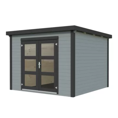 Abri de jardin bois White Wood Lya 1 peint gris Ep.28 mm surface extérieure totale 9,1m²