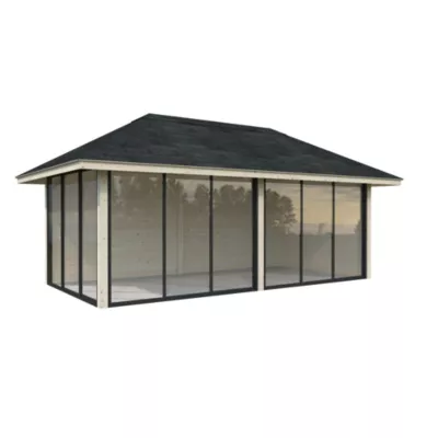 Studio de jardin vitré Palmako Bianca 202 en bois naturel ép.28 mm et baies coulissantes 31,5m²