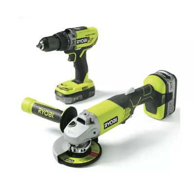 Perceuse visseuse à percussion sans fil + meuleuse sans fil 18V + batteries 2 & 4 Ah RYOBI.
