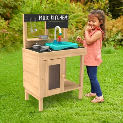 Cuisine TP Toys avec évier en bois coloris marron, bleu et noir