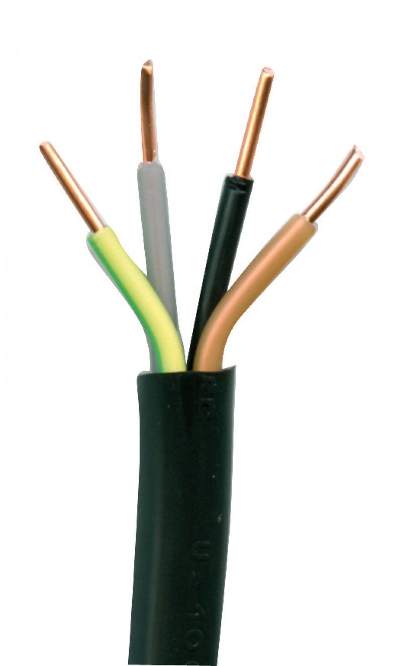 Câbles industriels rigides U1000 R2V âme cuivre nu massif 1,5 à 4 mm2 - âme cuivre nu câblé 6 mm2 et plus isolant PRC/gaine de bourrage/gaine ext. PVC noir tension nominale : 1000 V - norme NF C 32-321 utilisations : installations industrielles, colonnes montantes d'immeubles, pose sans protection mécanique à l'air libre, fixé aux parois ou sur chemins de câbles, pose avec protection mécanique pour les branchements souterrains, rayon decourbure : 6 fois le diamètre extérieur