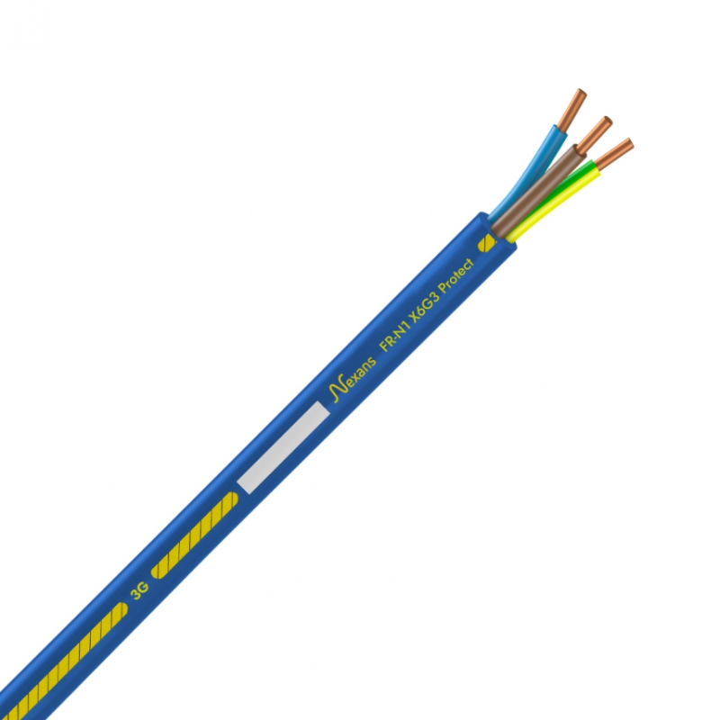 Câbles pour la protection au feu Nexans FRN1X6G3 Protect conforme à la norme de construction XP C32-325 et comporte des conducteurs en cuivre massif ou semi-rigide. Elle répond aux prescriptions de l'arrêté du 17 mai 2024 modifiant les exigences de sécurité incendie dans les Etablissements Recevant du Public (ERP) et les Immeubles de Grande Hauteur (IGH). Très bonne tenue au feu, non propagateur de l’incendie et sans halogène, indication de la longueur restante.
