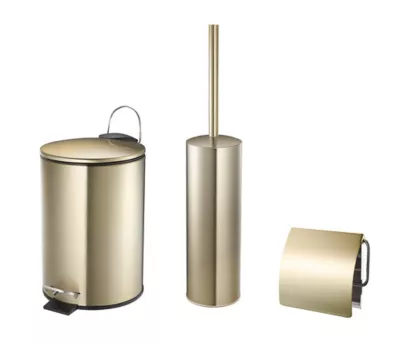 Lot accessoires WC poubelle + brosse wc + dérouleur papier toilette doré