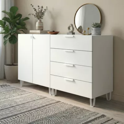 Buffet sur pieds avec portes et tiroirs blanc GoodHome Atomia H. 86 x L. 150 x P. 47 cm