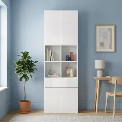 Bibliothèque semi ouverte blanche 4 portes 2 tiroirs GoodHome Atomia H. 225 x L. 75 x P. 37 cm