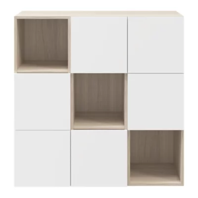 Étagère semi ouverte 9 cases effet chêne avec 6 portes blanches GoodHome Atomia H. 112,5 x L. 112,5 x P. 37 cm