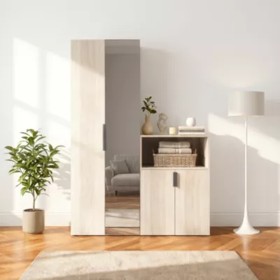 Ensemble de meubles de rangement portes battantes miroir et effet chêne GoodHome Atomia H. 225 x L. 150 x P. 47 cm