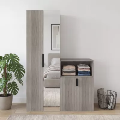 Ensemble de meubles de rangement portes battantes miroir effet chêne grisé GoodHome Atomia H. 225 x L. 150 x P. 47 cm